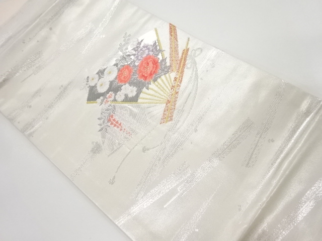 扇面に菊牡丹模様織り出し名古屋帯